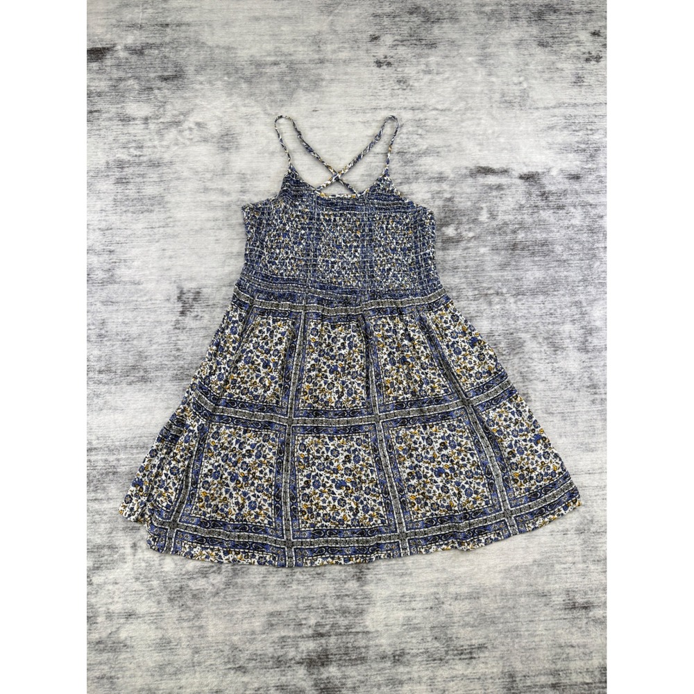 Forever 21 Blue Floral Smocked Mini Dress Crisscross Straps Size Medium